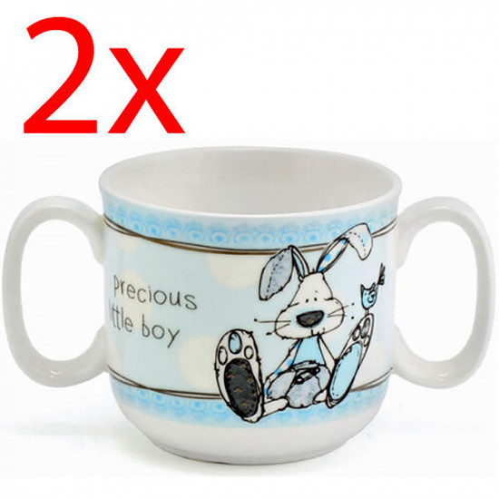 2 X Baby Boy Blue Drinking Cup Mug Ceramic Gift Christening Childrens Glass New