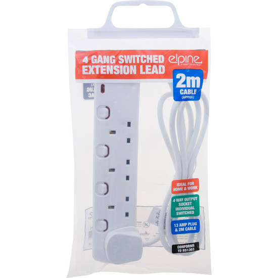 4 Way Gang Extension Lead Cable Individually Switched Extention 4 Socket Plug Uk