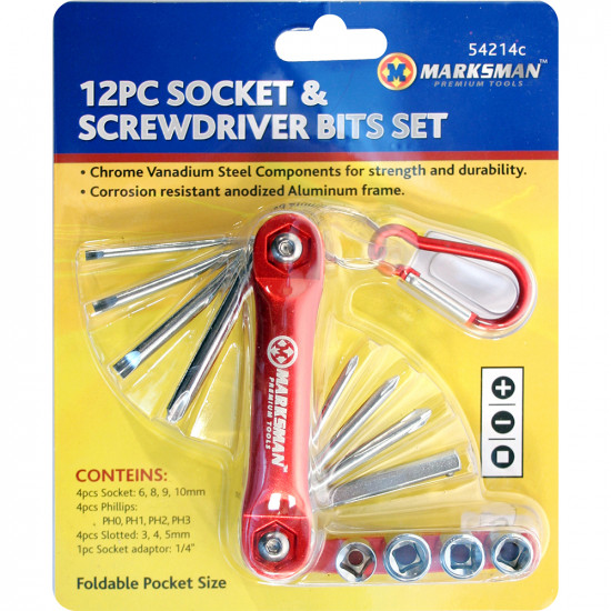 12Pc Screwdriver And Socket Tool Bit Set With Belt Clip Foldable Pocket Tools