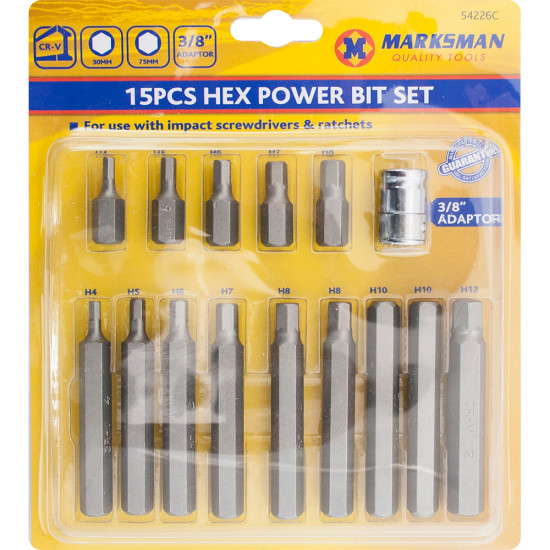 15Pc Hex Allen Key Power Bit Set 30 & 75Mm Long H4 - H12 + 3/8