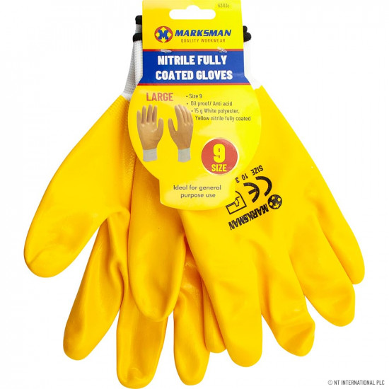 Pack Of 12 Large Heavy Duty Non-Slip Safety PVC Work Gloves - Polyester Shell Resistant Nitrile Coating, Secure Grip On Palm & Fingers | Suitable for Gardening, Builders, DIY Work | Yellow & White image