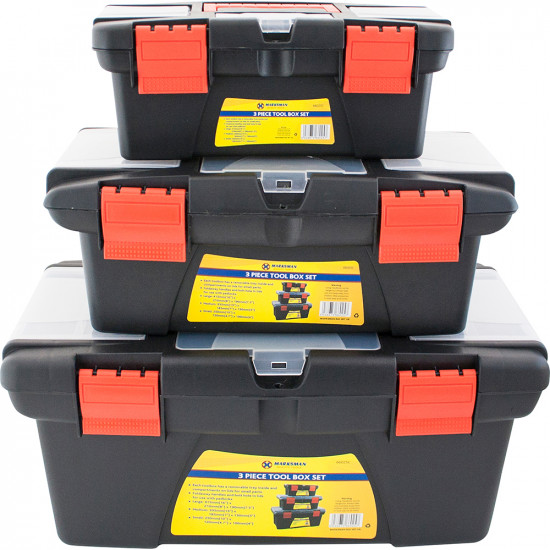 3Pc Plastic Tool Box Chest Set Handle Tray & Compartment Diy Storage Toolbox Bag
