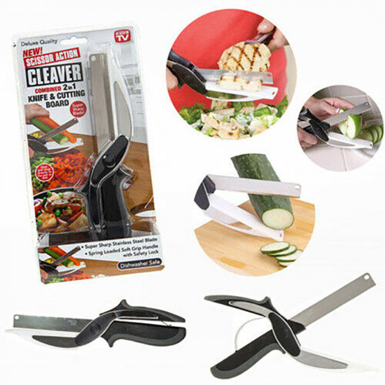 2 In 1 Cleaver Scissor Action Knife Cutting Board Sharp Blade Kitchen Safe Lock