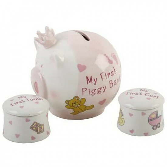 3Pc Pink Ceramic Baby First Piggy Bank & Curl & Tooth Gift Set Box Christening