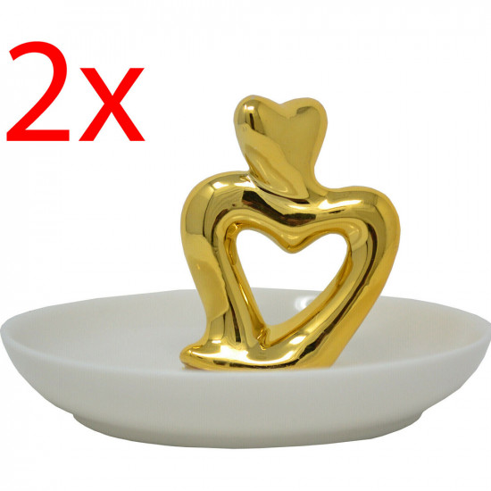 2 X Double Heart Trinket Dish Golden Rings Necklace Jewellery Gift Plate Ceramic