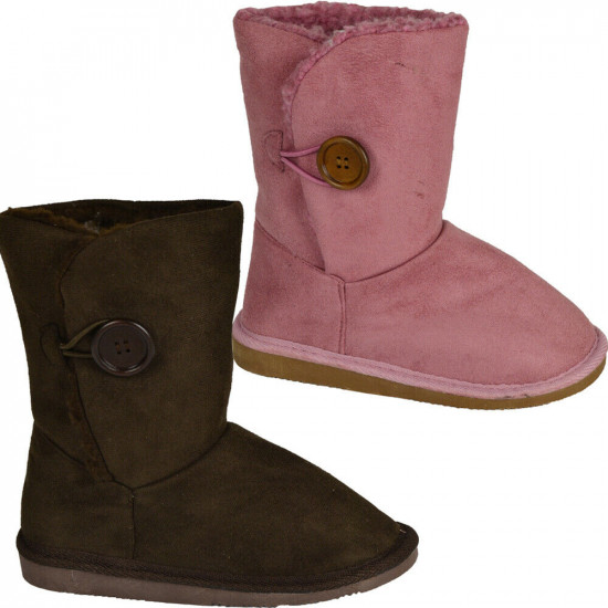 Girls Kids Winter Warm Flat Snow Suede Wellington Boots Shoe Fur Lined Snug