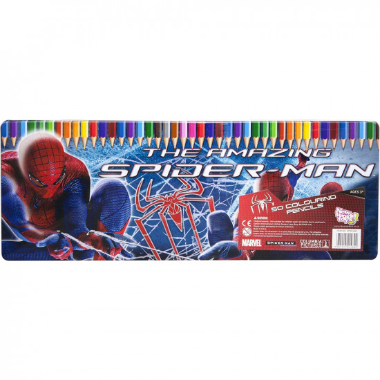 Amazing Spiderman 50 Coloured Pencils Tin Case Drawing Colouring Stationary New